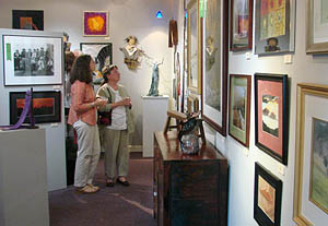 Visitors admiring fiber arts and color photography